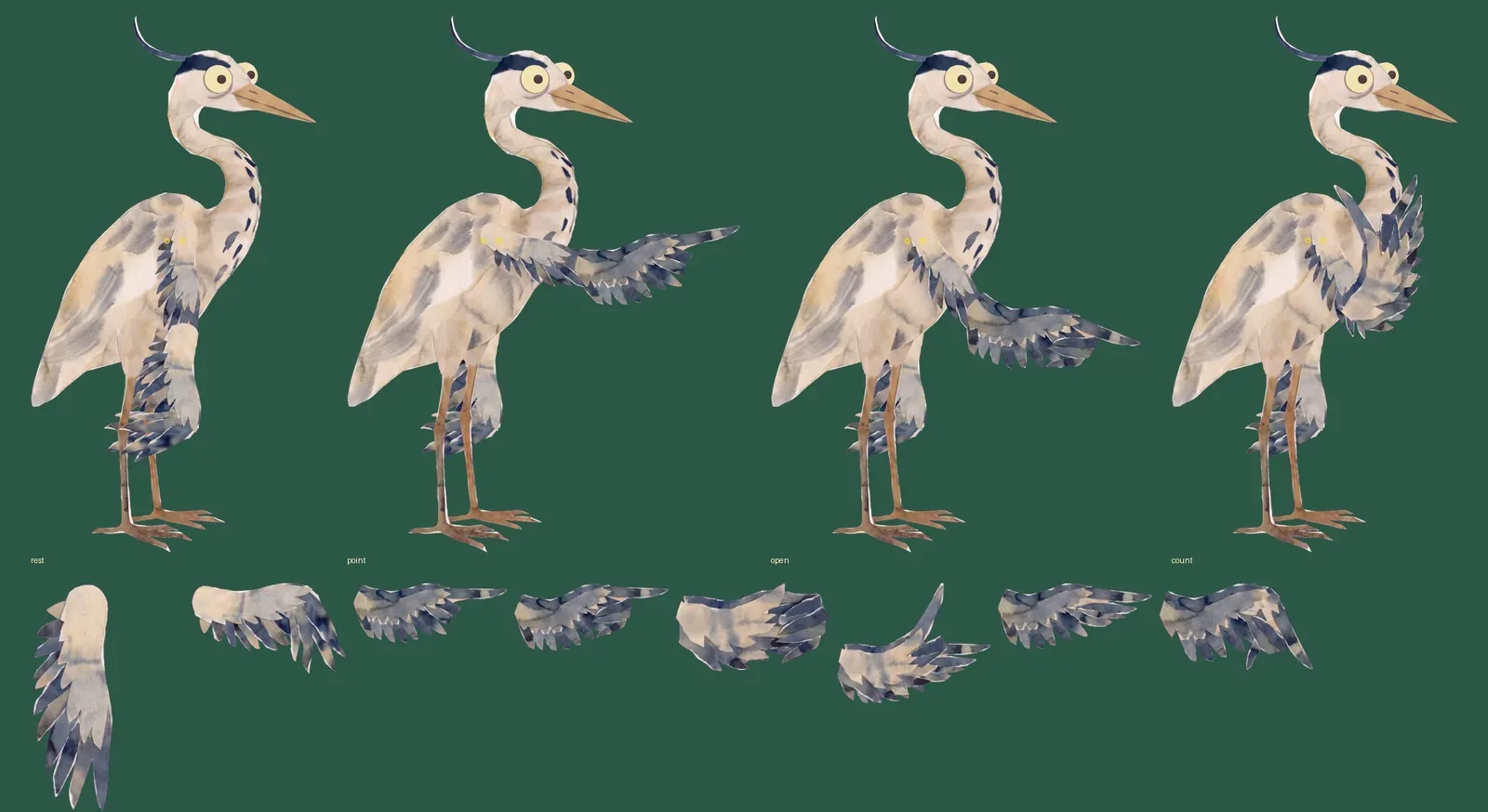 The heron's body laid out beside its own separate wings and legs.