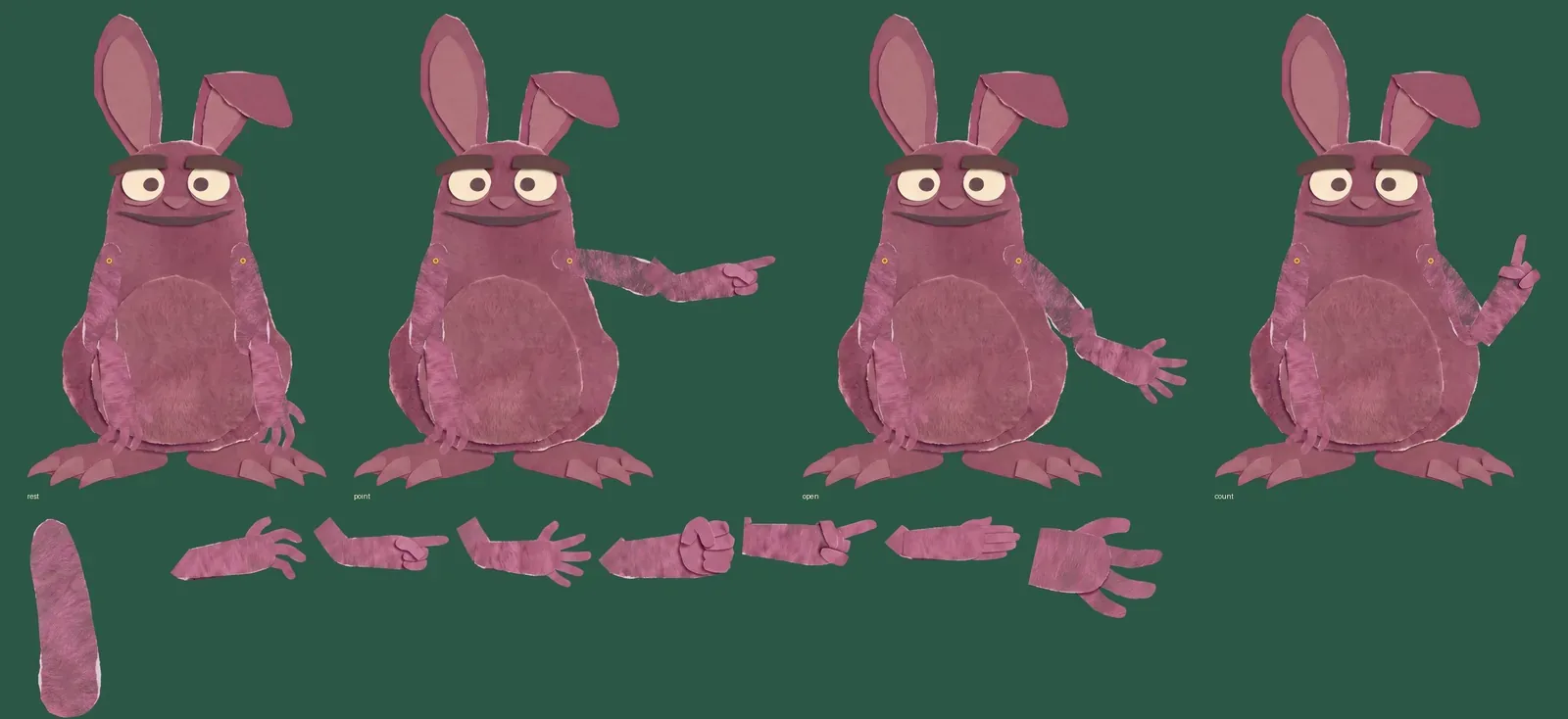 The rabbit's body next to its own unclipped arms and paws.