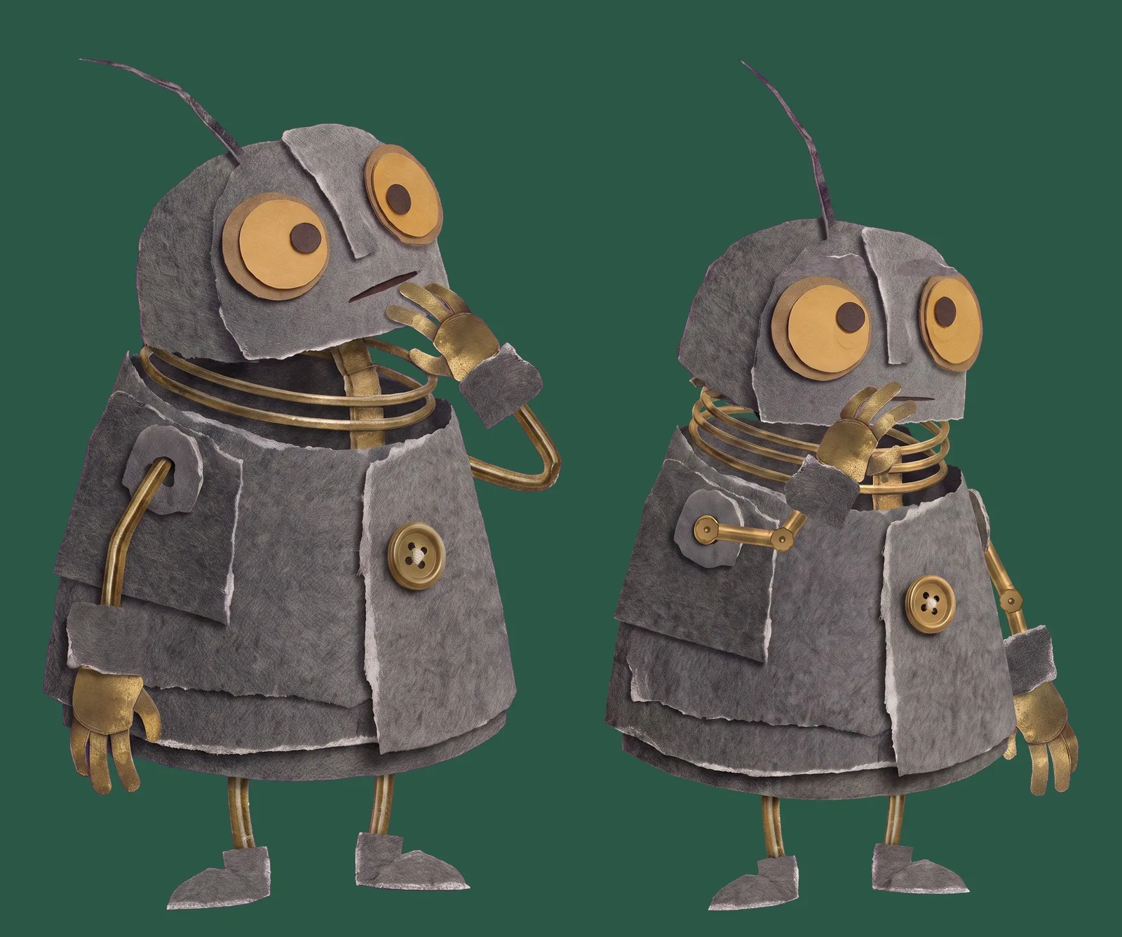 The same pair thinking: sketch on the left, puppet on the right.